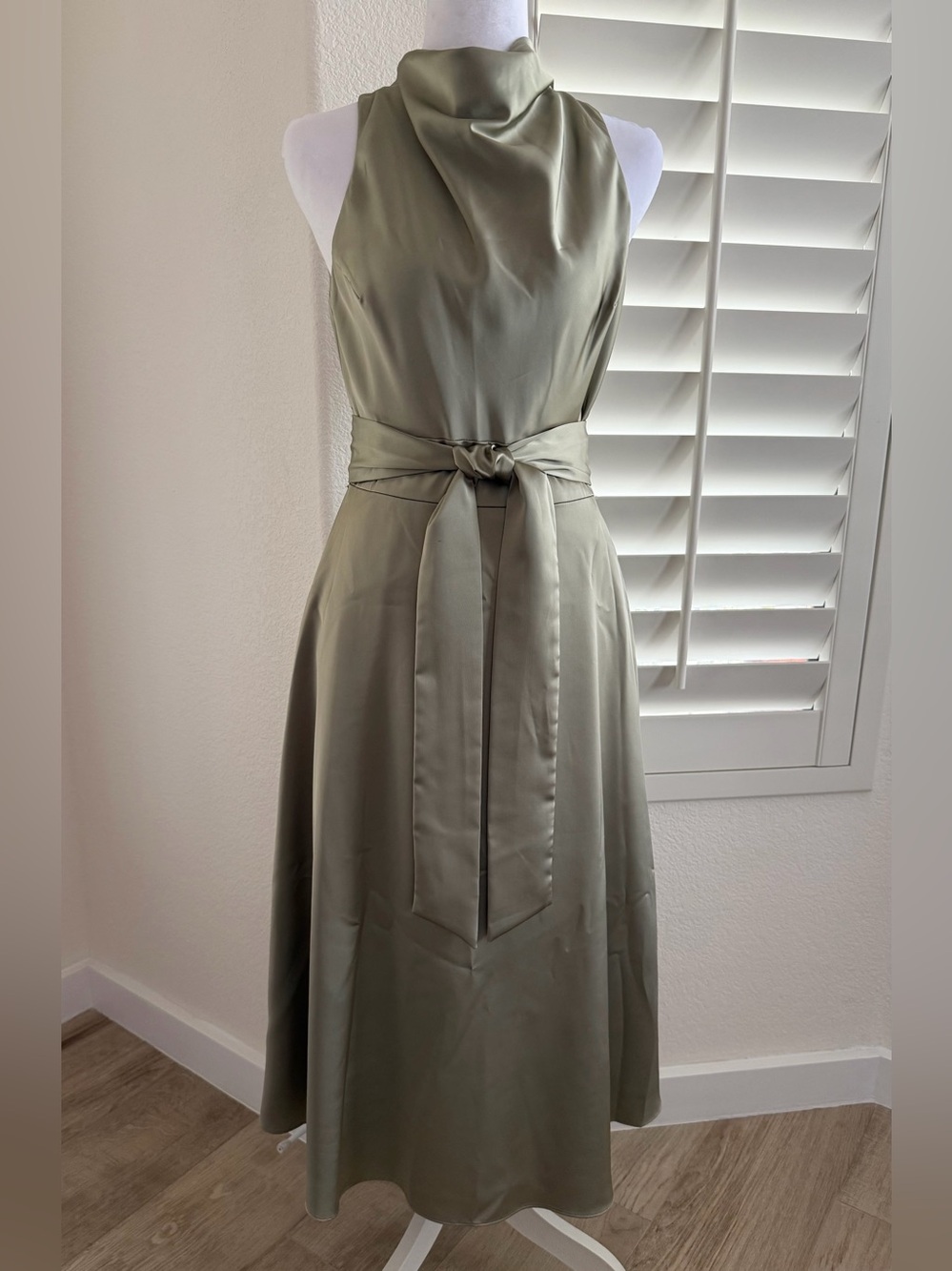 ANTONIO MELANI Olive Satin Halter Tie-Waist Midi Dress